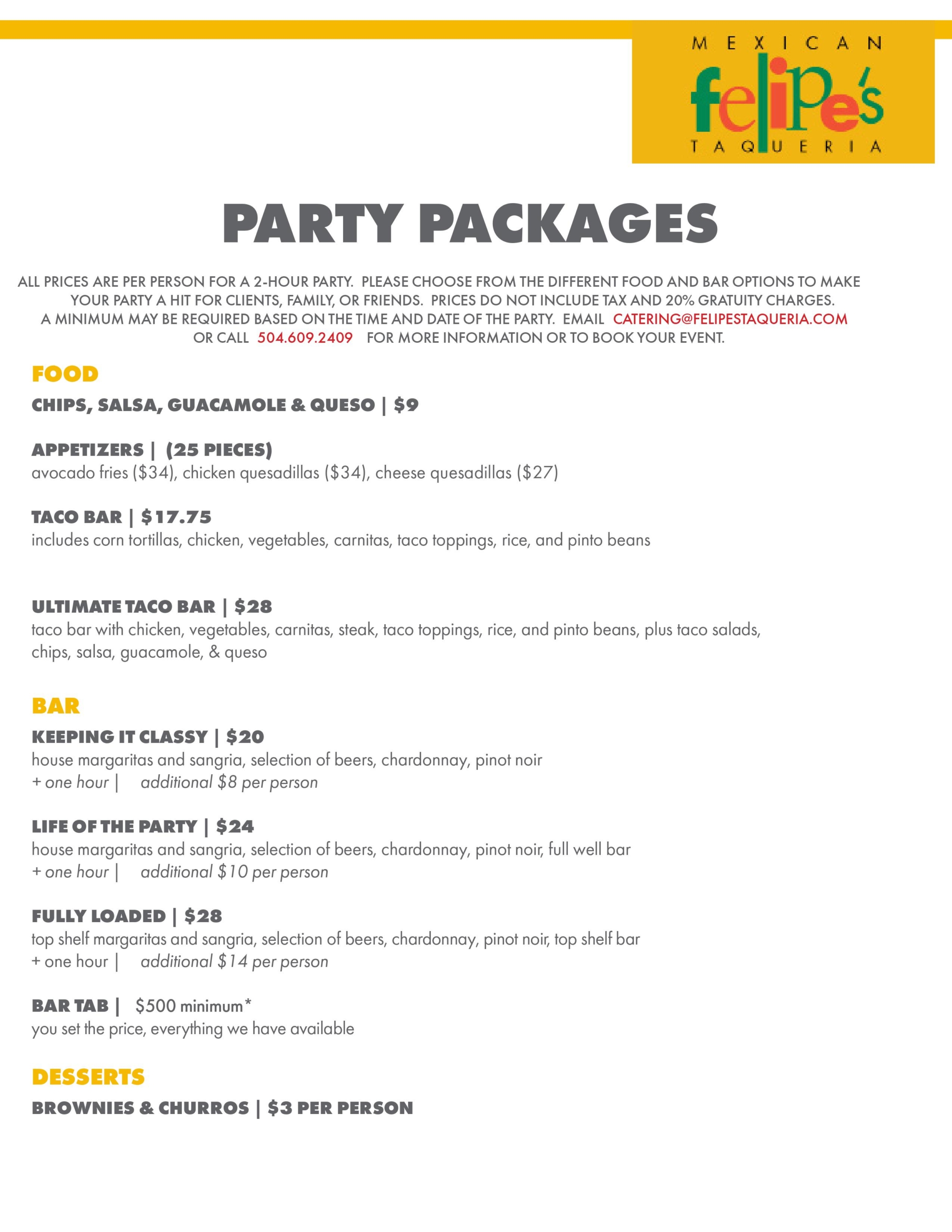 Private Party Pricing